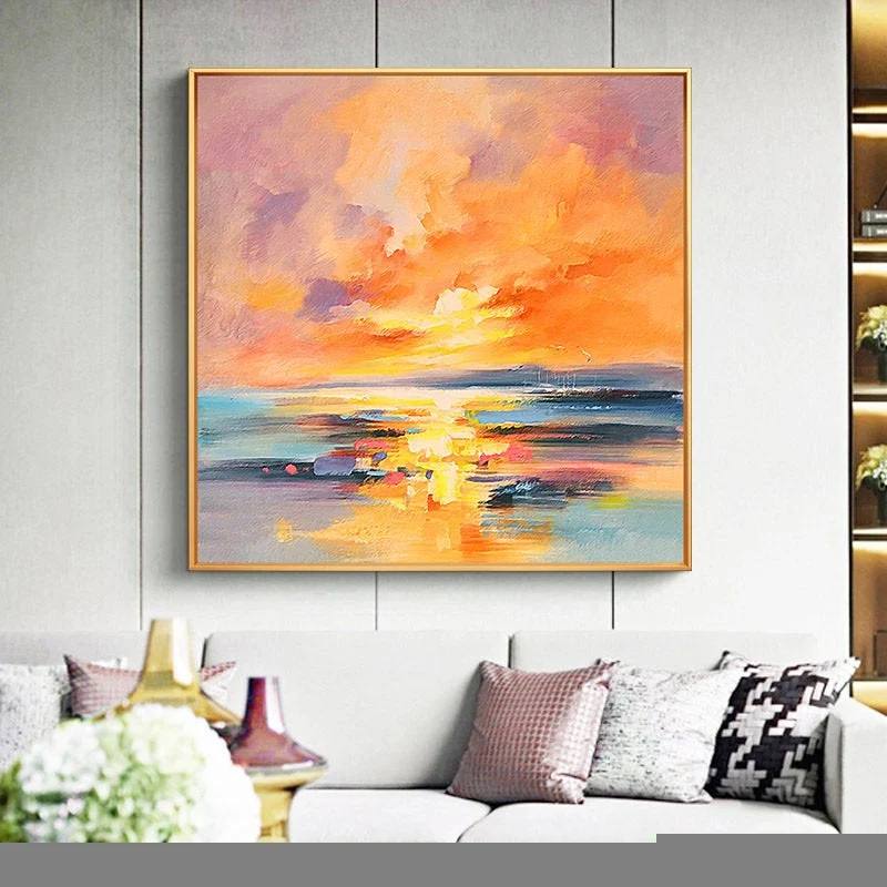 Colorful Original Yellow Modern Coastal Abstract Canvas Artwork M5KDH
